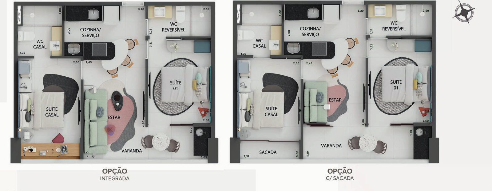 Planta do Studio master de 49,92 m², com as opções integrada e com sacada