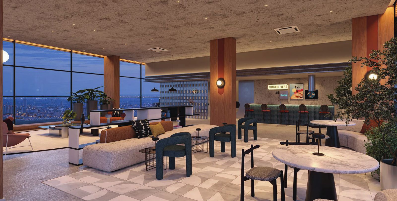 Lounge do rooftop com vista para o mar