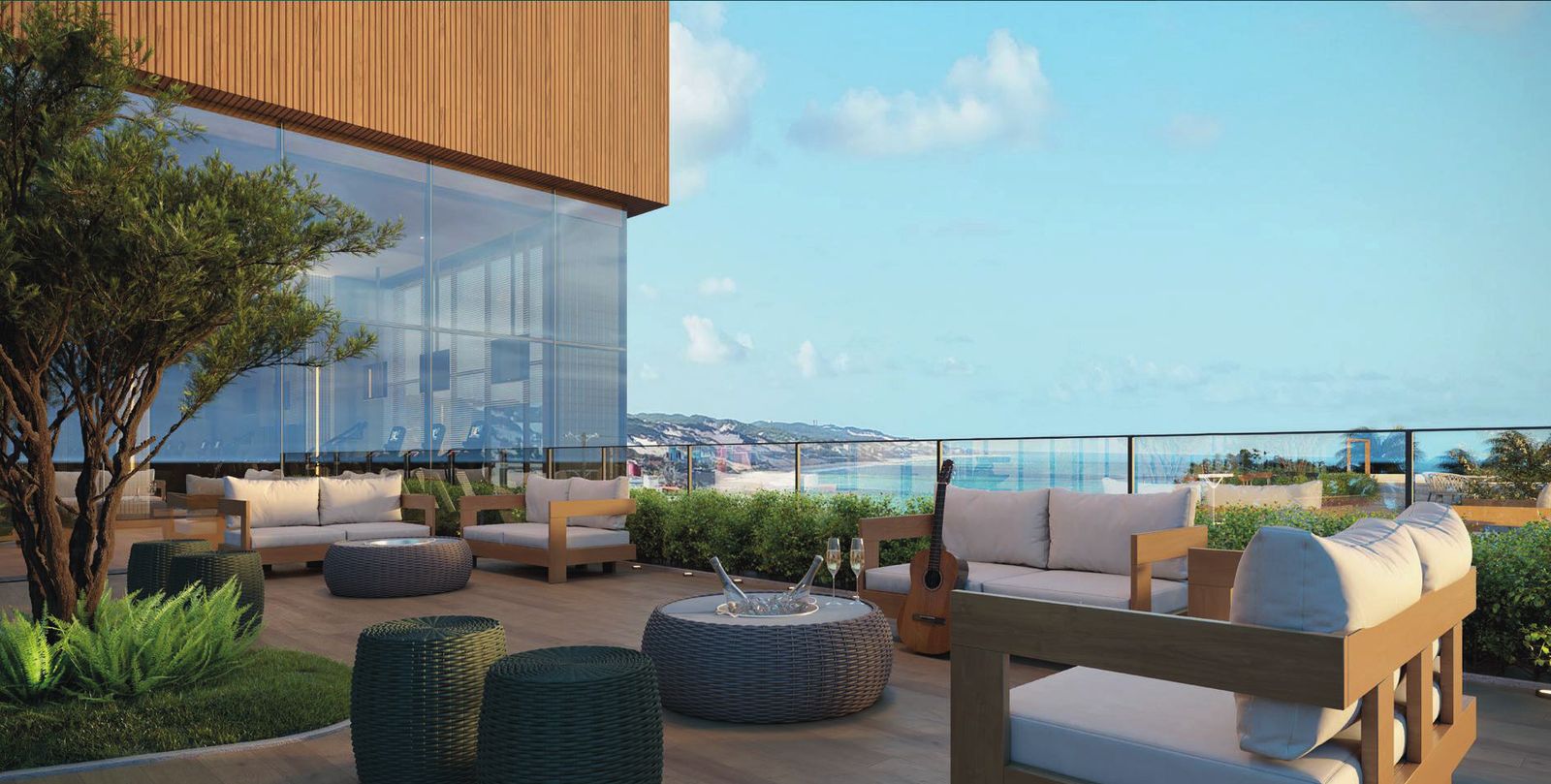Terraço com poltronas e vista para o oceano